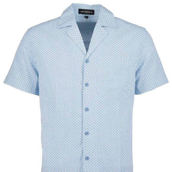 Eleven Paris Light Blue Floral Batik Camp Collar Short Sleeve Shirt - Picture 1 of 2